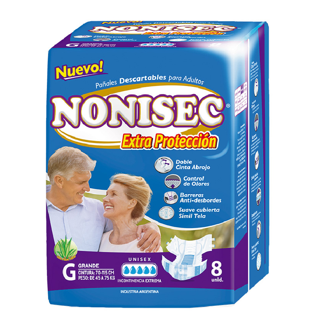 Pañal adulto anatómico elastizado extra protección símil tela grande x8 45 a 75 kg